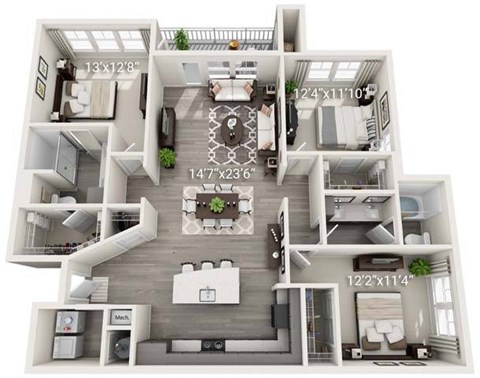 A 3D floor plan of a house with labeled dimensions.