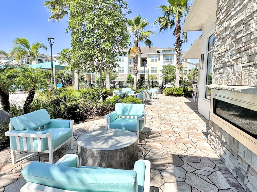 Outdoor lounge with fireplace