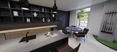 A modern kitchen with a dining table and chairs.