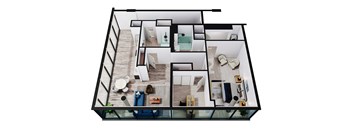 A top down view of a modern house interior with a kitchen, living room, and bedrooms.