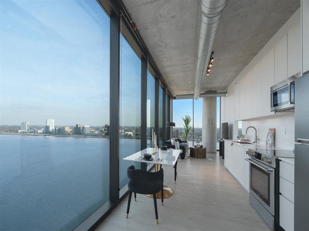 A modern kitchen with a view of the cityscape across the water.