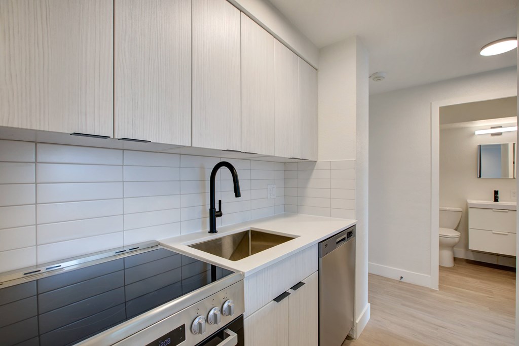 A modern kitchen with white cabinets and a stainless steel dishwasher.