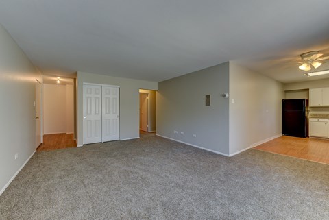 A spacious room with a carpeted floor and a ceiling fan.