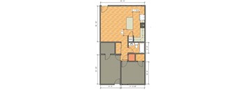 A floor plan of a room with dimensions and furniture layout.