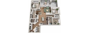 A 3D floor plan of a house with labeled dimensions.