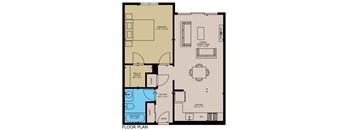 A floor plan of a house with a bedroom, living room, kitchen, and bathroom.