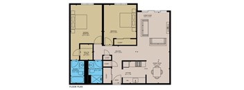 A floor plan of a house with two bedrooms, a living room, a dining room, a kitchen, and bathrooms.