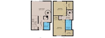 A floor plan of a two-story house with a living room, two bedrooms, a kitchen, a foyer, and bathrooms.