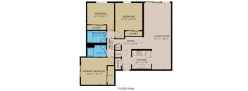 A floor plan of a house with a living room, two bedrooms, a bathroom, a kitchen, and a primary bedroom.