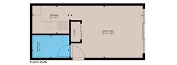 A floor plan of a room with a kitchen, bathroom, and living room.