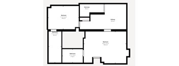 A floor plan of a house with two bathrooms, two bedrooms, a staircase, and a hallway.