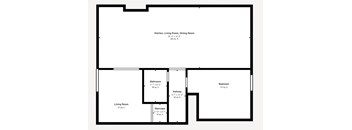 A floor plan of a small apartment with a living room, dining room, kitchen, bathroom, bedroom, and staircase.
