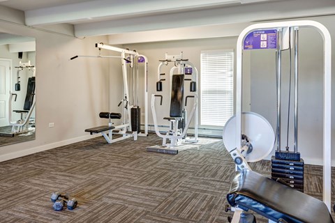 A gym with a variety of equipment including a bench, weights, and a leg press machine.