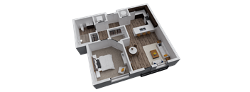 A 3D floor plan of a small apartment with a kitchen, living room, and bedroom.