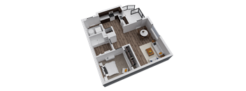 A 3D rendered image of a house layout.