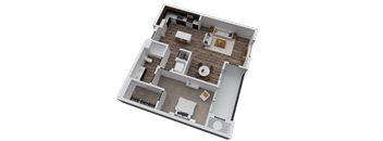 A 3D floor plan of a house with a living room, kitchen, and two bedrooms.