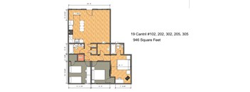 A floor plan of a building with 19 cantile numbers and a total area of 946 square feet.