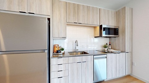 A modern kitchen with a refrigerator, microwave, and a dishwasher.