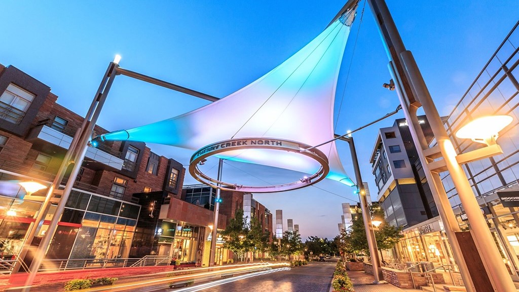 A large blue and white sign