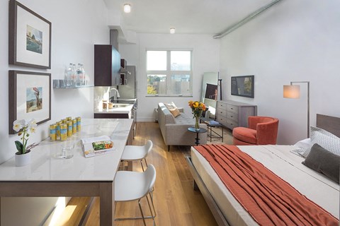 A modern bedroom with a large bed and a kitchen area.