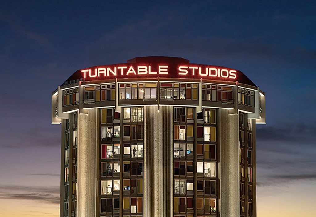 A tall building with the words