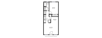 A floor plan of a small apartment with a living area, kitchen, bathroom, and bedroom.