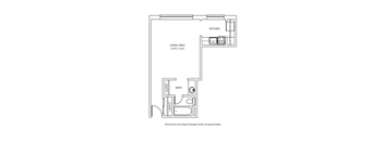 A floor plan of a kitchen, living area and bathroom.