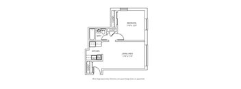 A floor plan of a small apartment with a bedroom, living area, kitchen, and bathroom.