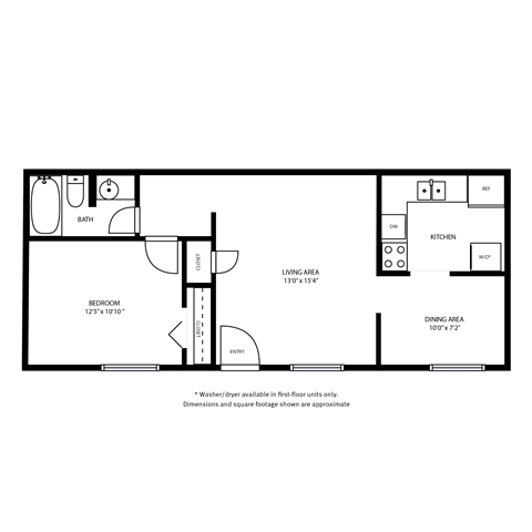 A floor plan of a small apartment with a living area, a kitchen, a bathroom, and a bedroom.