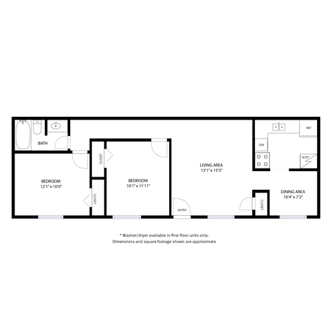A floor plan of a house with a bedroom, bathroom, and dining area.