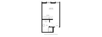 A floor plan of a small apartment with a living area, kitchen, bathroom and closet.