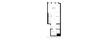 A floor plan of a small apartment with a living area, kitchen, bed loft, bathroom, and entry.