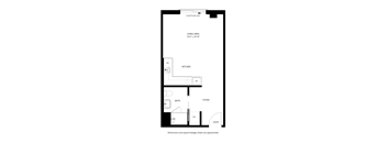 A floor plan of a Julette Balcony with a living area, kitchen, bath, foyer, and entry.
