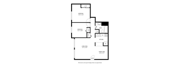 A floor plan of a house with two bedrooms, a living area, a dining area, a kitchen, and a bathroom.