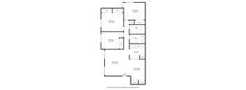 A floor plan of a house with three bedrooms, a living area, a dining area, a kitchen, a bathroom, and an entry.