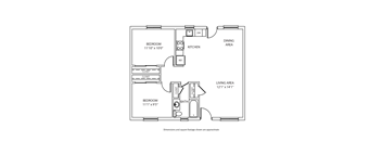 A floor plan of a small apartment with a bedroom, kitchen, and living area.