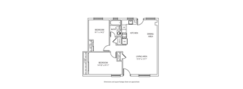A drawing of a house layout with two bedrooms, a bathroom, a kitchen, a dining area, and a living area.