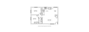 A floor plan of a small apartment with a kitchen, dining area, and two bedrooms.