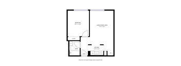 A floor plan of a small apartment with a bedroom, living/dining area, kitchen, bath, and closet.