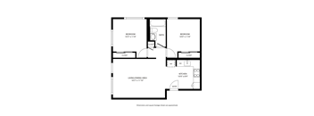 A black and white floor plan of a house with two bedrooms, a living/dining area, a kitchen, a bath, and two closets.