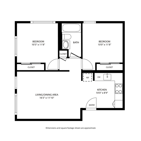A black and white floor plan of a house with two bedrooms, a living/dining area, a kitchen, a bath, and two closets.