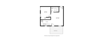 A floor plan of a small apartment with a bedroom, living area, kitchen, and bathroom.