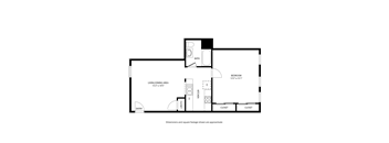 A floor plan of a small apartment with a living/dining area, two closets, a bathroom, and a bedroom.