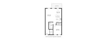 A floor plan of a small apartment with a living area, dining area, kitchen, bathroom, bedroom and entry.