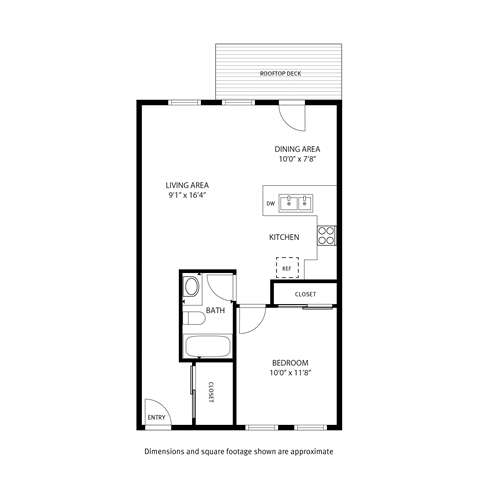 A floor plan of a small apartment with a living area, dining area, kitchen, bathroom, bedroom and entry.
