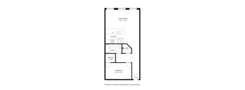 A drawing of a house layout with a living/dining area, kitchen, bathroom, and bedroom.