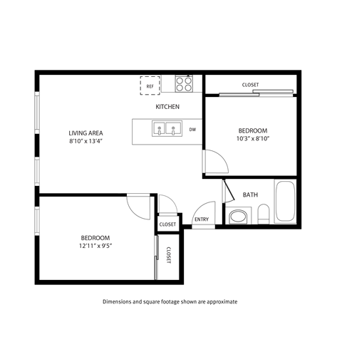 A black and white image of a floor plan for a home with a living area, kitchen, two bedrooms, and a bathroom.