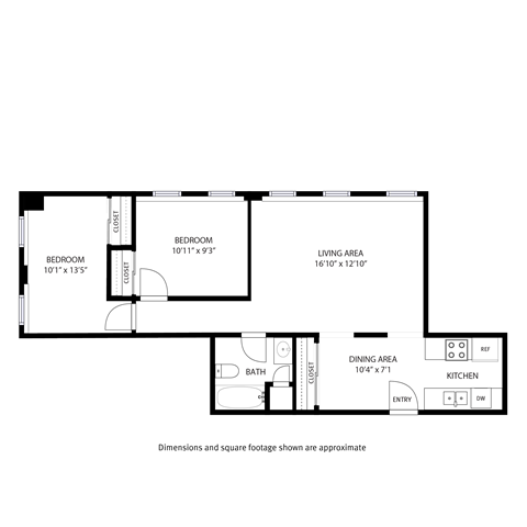 A floor plan of a house with a living area, dining area, two bedrooms, a bathroom, a kitchen, an entry, and a laundry room.