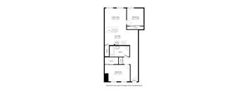 A floor plan of a home with a living area, kitchen, bathroom, and two bedrooms.