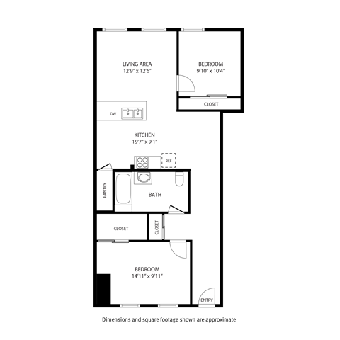 A floor plan of a home with a living area, kitchen, bathroom, and two bedrooms.